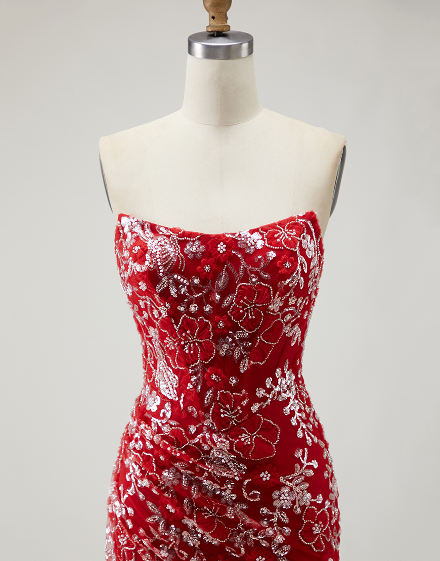 Sparkly Red Floral Long Mermaid Prom Dress with Beading