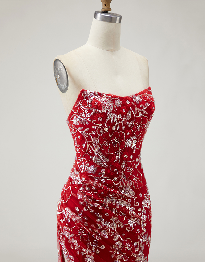 Sparkly Red Floral Long Mermaid Prom Dress with Beading