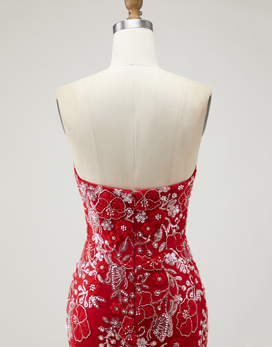 Sparkly Red Floral Long Mermaid Prom Dress with Beading