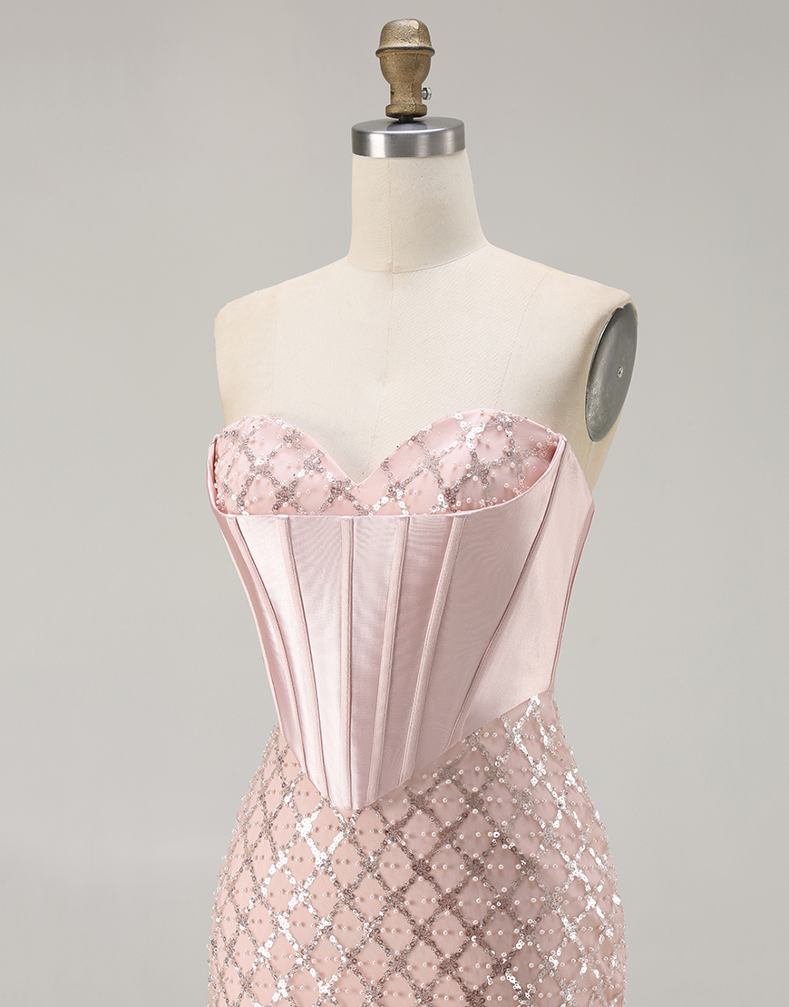 Sparkly Blush Corset Mermaid Sequin Sweetheart Long Prom Dress