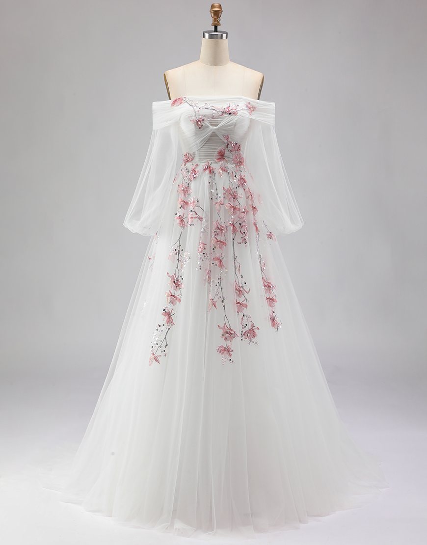 Sparkly White A Line Floral Tulle Long Sleeves Prom Dress with Sequins