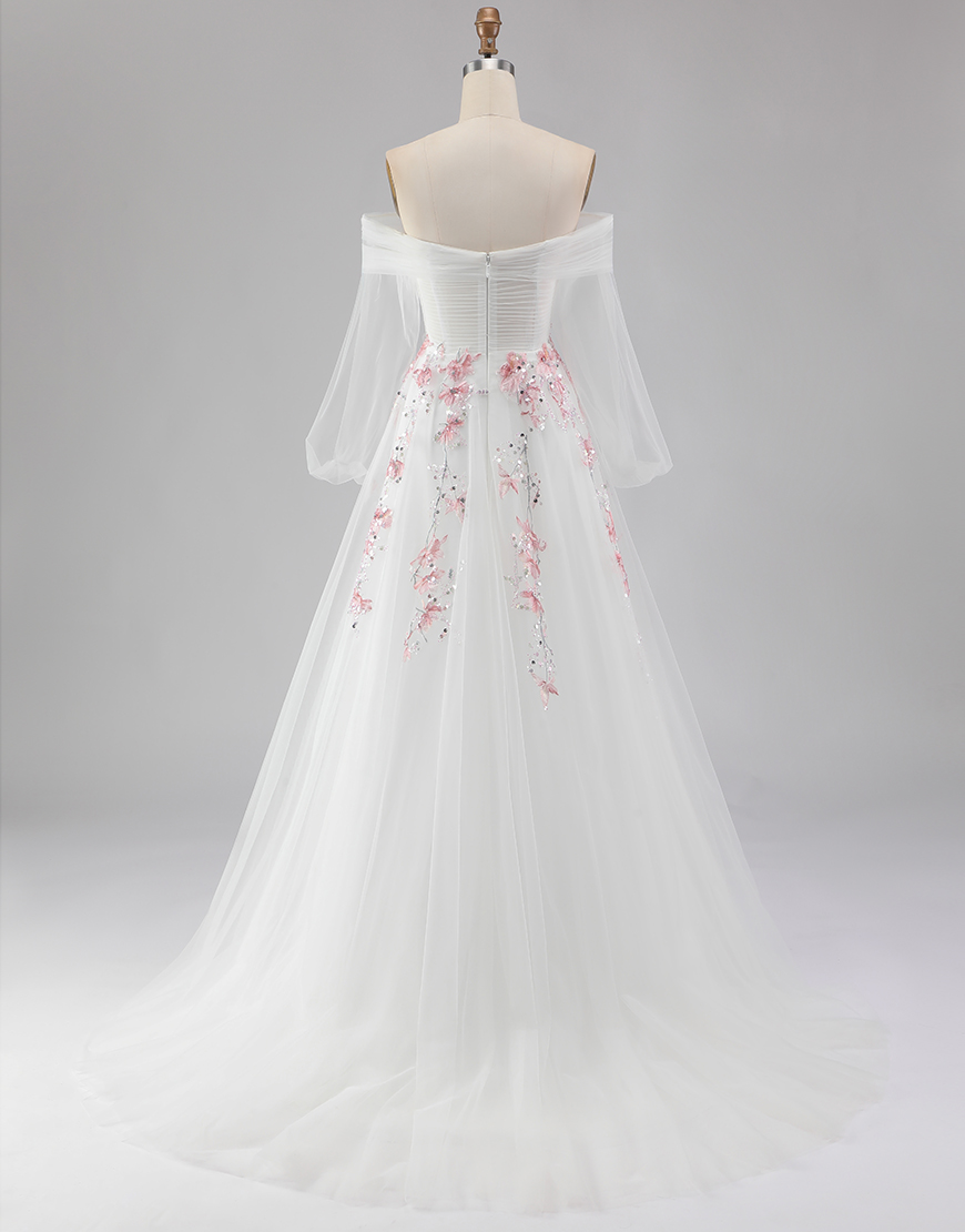 Sparkly White A Line Floral Tulle Long Sleeves Prom Dress with Sequins