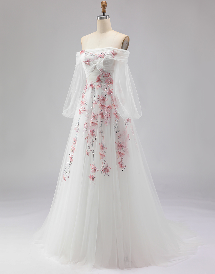 Sparkly White A Line Floral Tulle Long Sleeves Prom Dress with Sequins