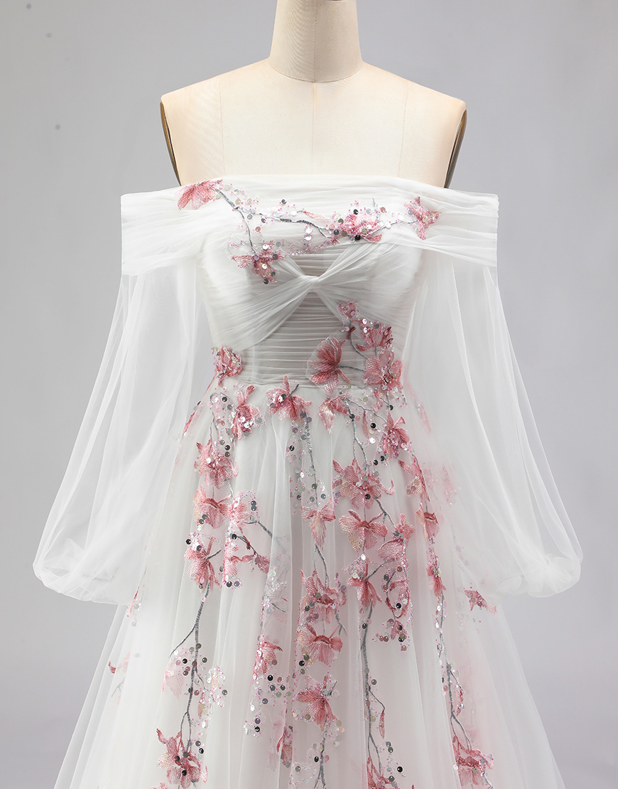 Sparkly White A Line Floral Tulle Long Sleeves Prom Dress with Sequins