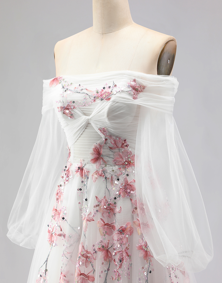 Sparkly White A Line Floral Tulle Long Sleeves Prom Dress with Sequins