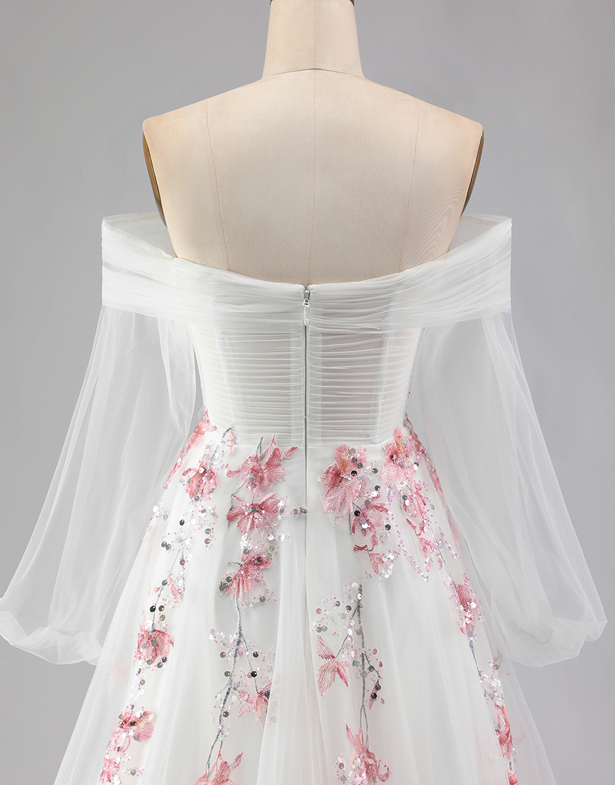 Sparkly White A Line Floral Tulle Long Sleeves Prom Dress with Sequins