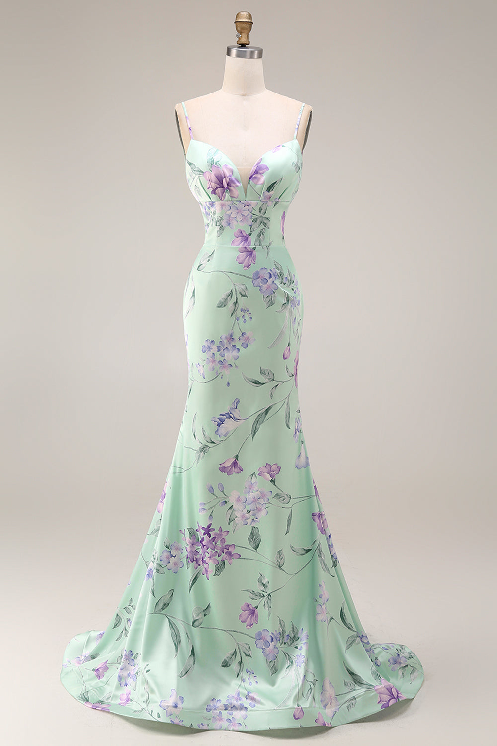 Green Purple Floral Spaghetti Straps Mermaid Long Prom Dress