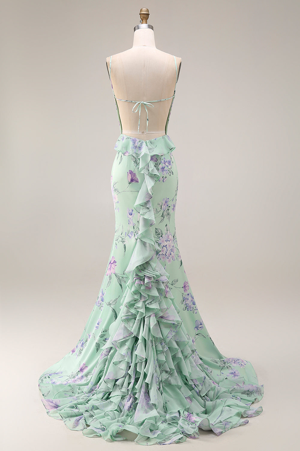 Green Purple Floral Spaghetti Straps Mermaid Long Prom Dress
