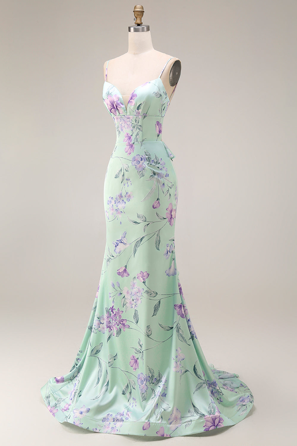 Green Purple Floral Spaghetti Straps Mermaid Long Prom Dress