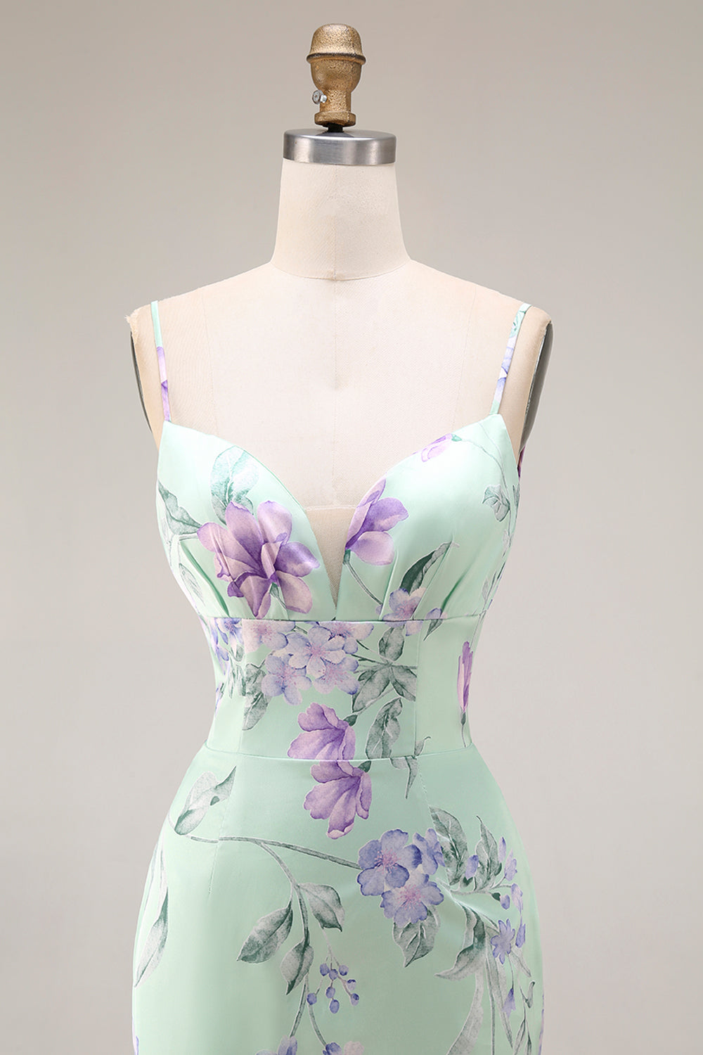 Green Purple Floral Spaghetti Straps Mermaid Long Prom Dress