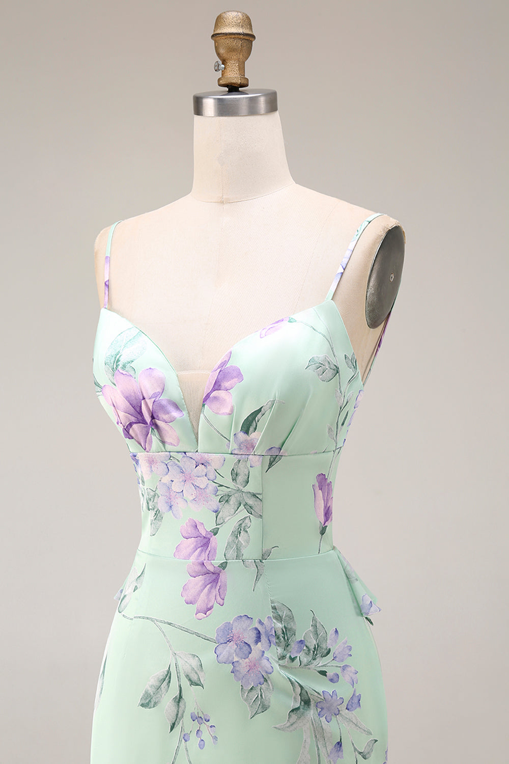 Green Purple Floral Spaghetti Straps Mermaid Long Prom Dress