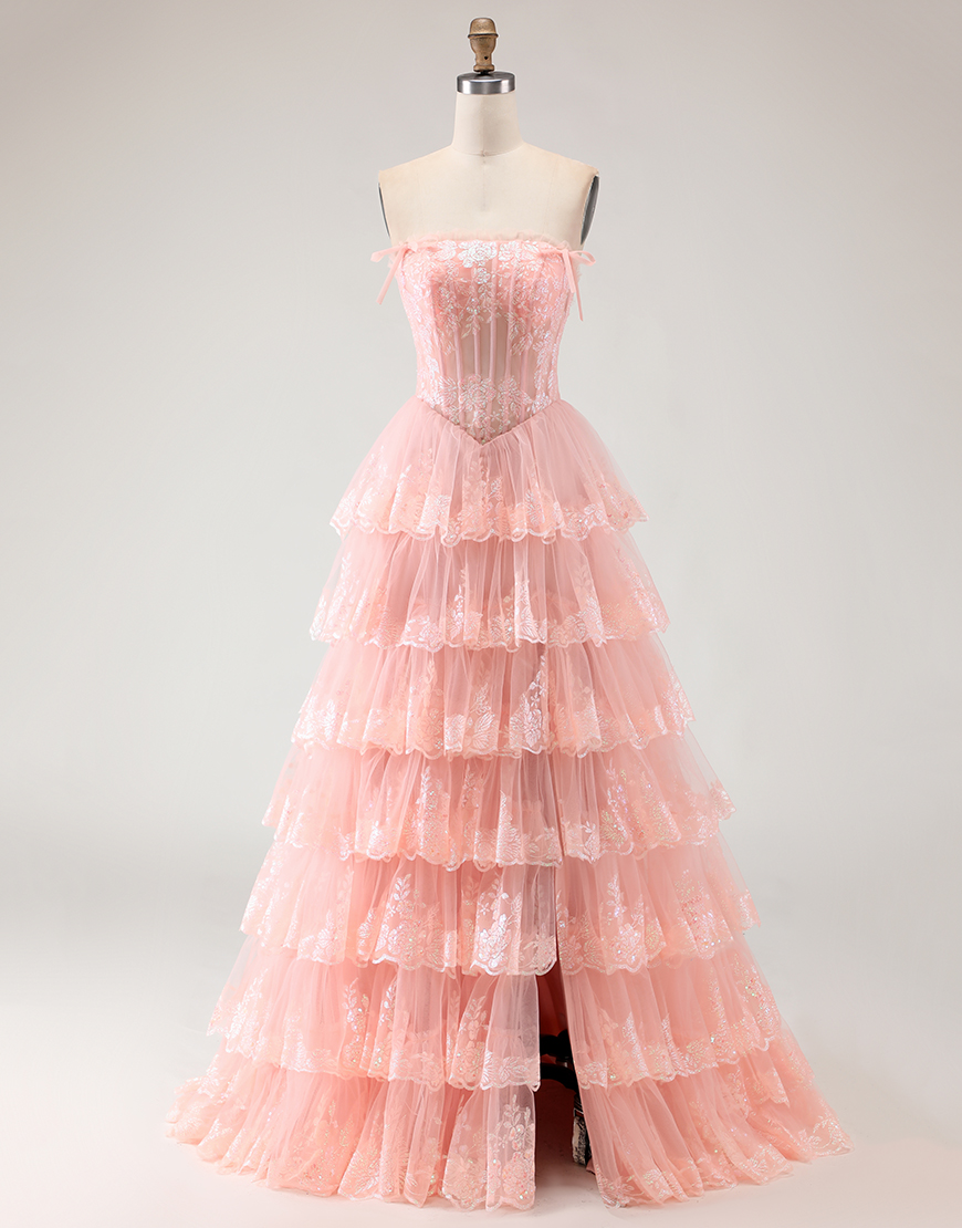 Blush Tiered Floral Tulle Corset A Line Long Prom Dress with Slit