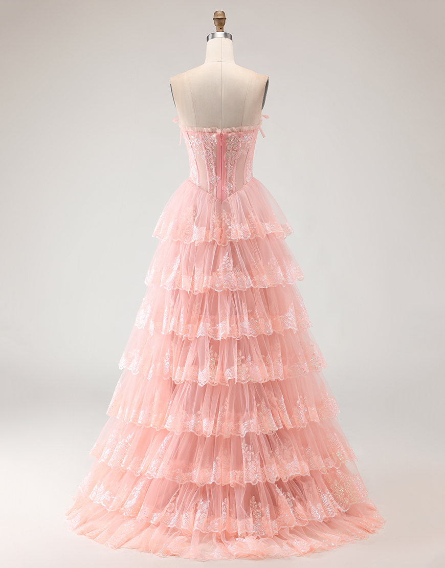 Blush Tiered Floral Tulle Corset A Line Long Prom Dress with Slit