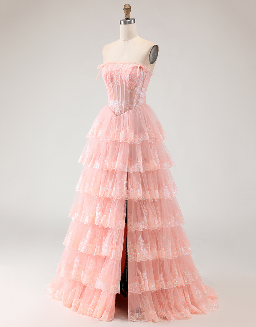 Blush Tiered Floral Tulle Corset A Line Long Prom Dress with Slit
