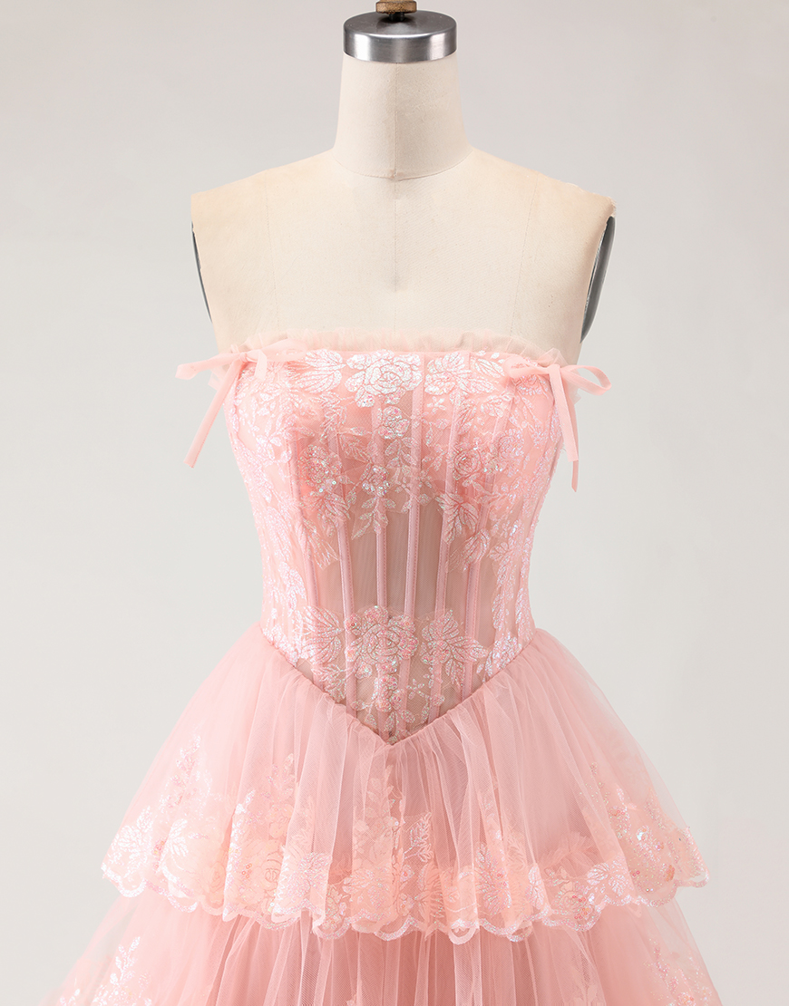 Blush Tiered Floral Tulle Corset A Line Long Prom Dress with Slit