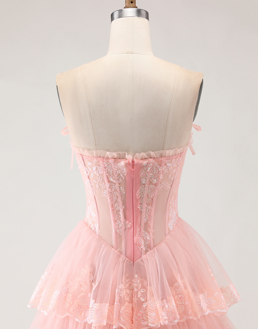 Blush Tiered Floral Tulle Corset A Line Long Prom Dress with Slit