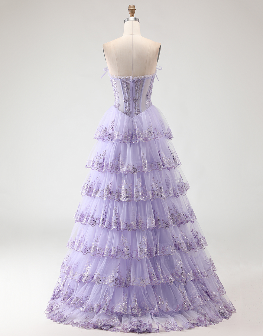 Lilac Tiered Corset Tulle Floral Ruffled Long Prom Dress with Slit