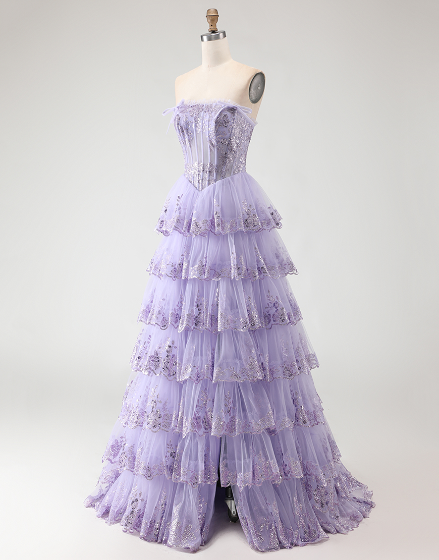 Blush Tiered Floral Tulle Corset A Line Long Prom Dress with Slit