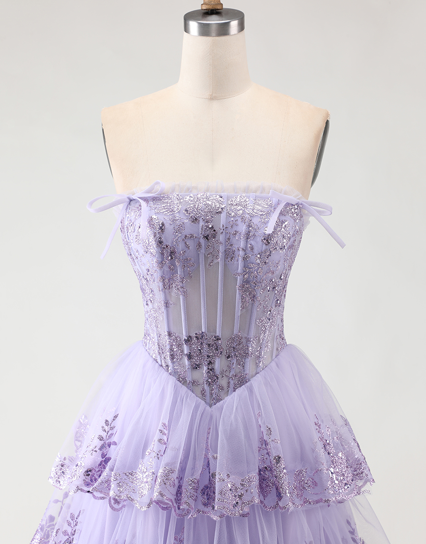 Blush Tiered Floral Tulle Corset A Line Long Prom Dress with Slit