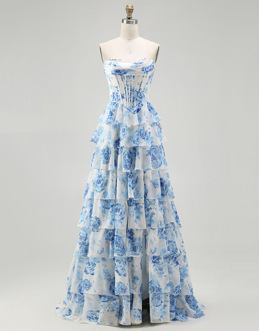 Sparkly White and Blue Floral Ruffled Corset Strapless Long Prom Dress