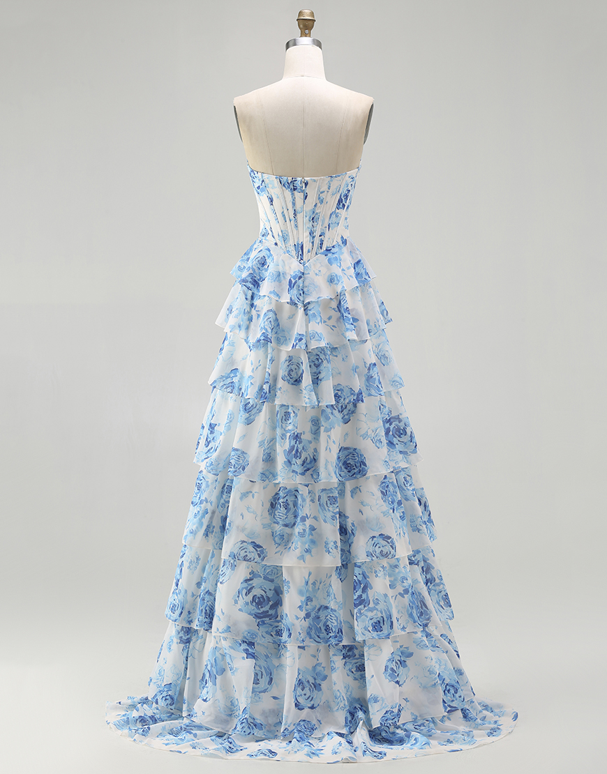 Sparkly White and Blue Floral Ruffled Corset Strapless Long Prom Dress