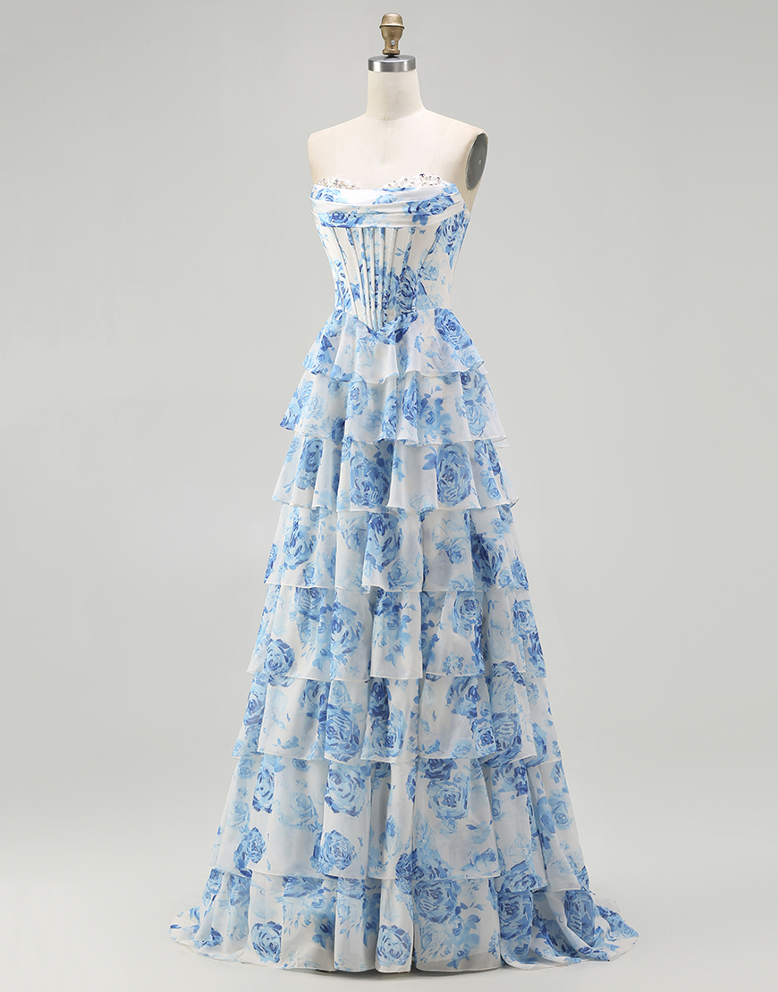 Sparkly White and Blue Floral Ruffled Corset Strapless Long Prom Dress