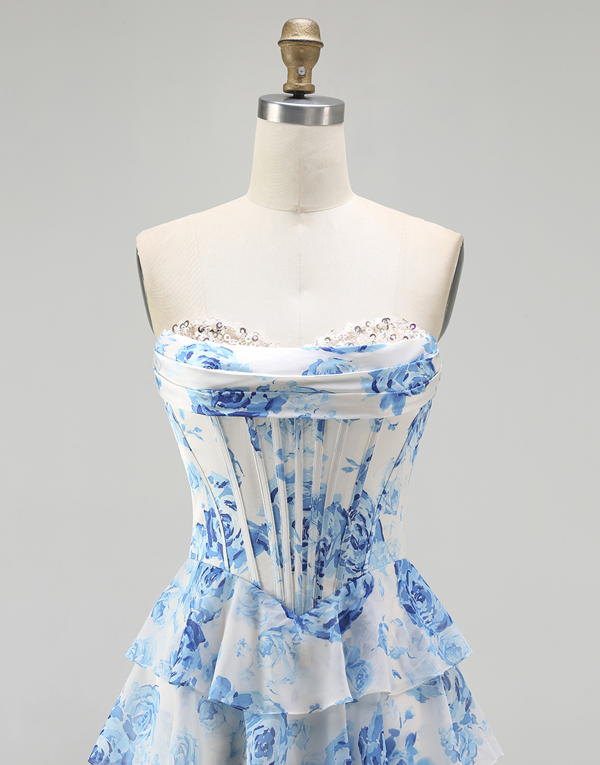 Sparkly White and Blue Floral Ruffled Corset Strapless Long Prom Dress