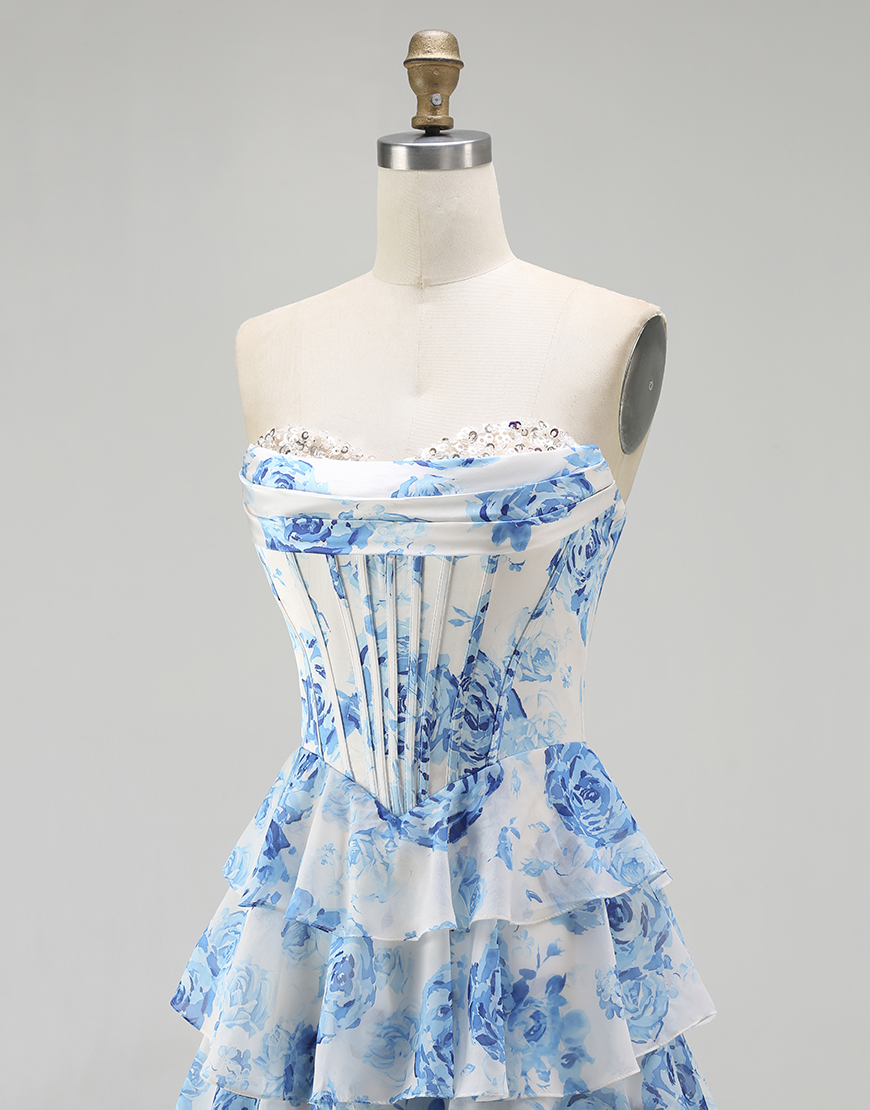 Sparkly White and Blue Floral Ruffled Corset Strapless Long Prom Dress