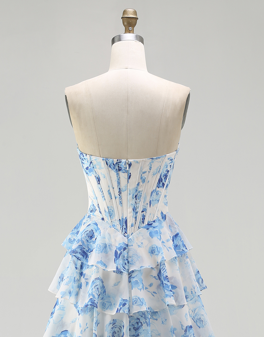 Sparkly White and Blue Floral Ruffled Corset Strapless Long Prom Dress