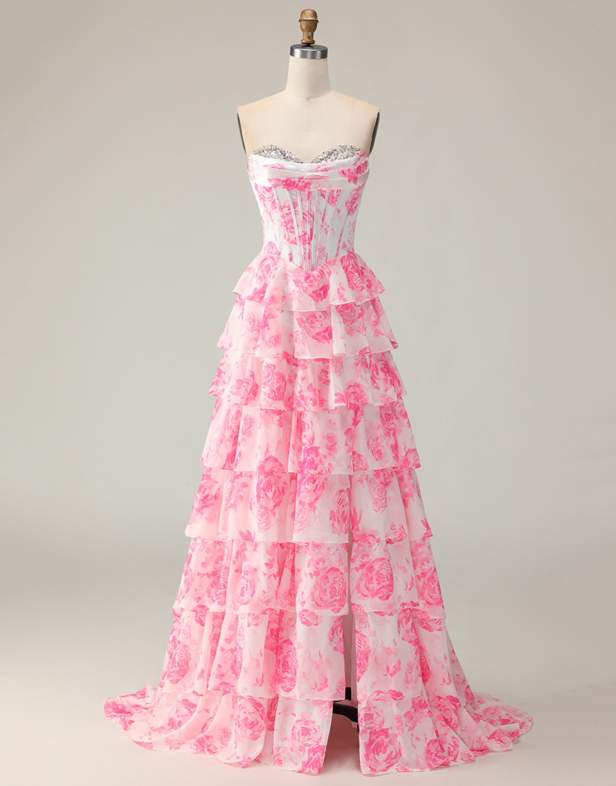 Sparkly White and Pink Floral Strapless Corset Ruffled Long Prom Dress