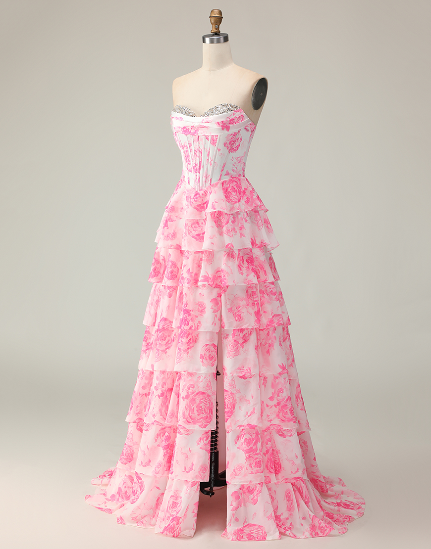 Sparkly White and Blue Floral Ruffled Corset Strapless Long Prom Dress