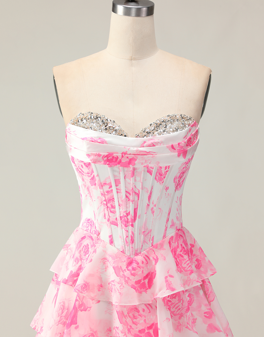 Sparkly White and Blue Floral Ruffled Corset Strapless Long Prom Dress