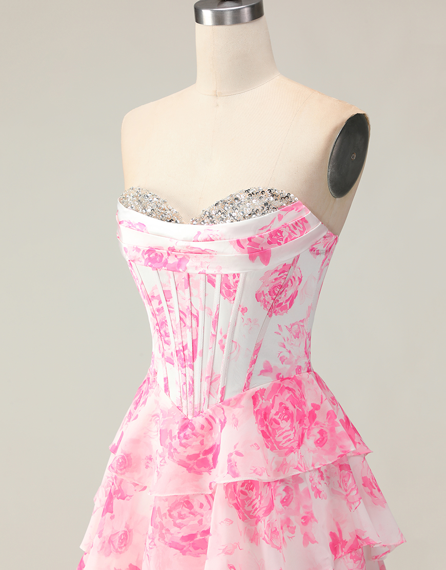 Sparkly White and Blue Floral Ruffled Corset Strapless Long Prom Dress