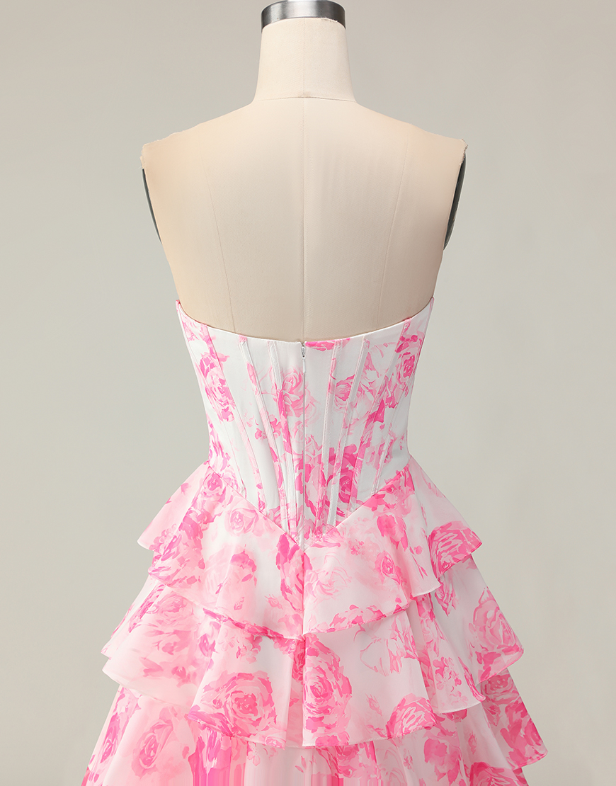 Sparkly White and Blue Floral Ruffled Corset Strapless Long Prom Dress