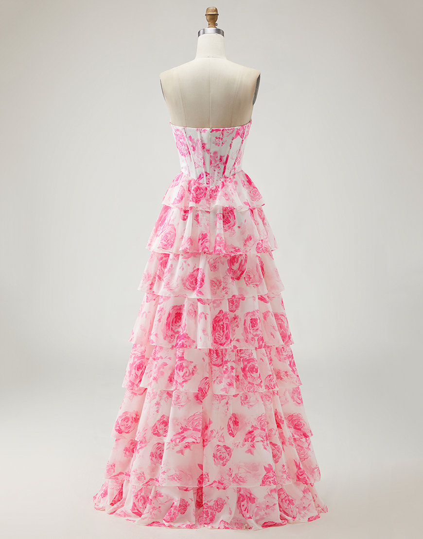 Sparkly White and Pink Flower Tiered Corset Long Prom Dress with Slit