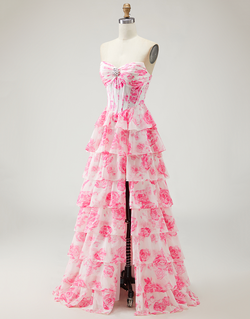 Sparkly White and Pink Flower Tiered Corset Long Prom Dress with Slit