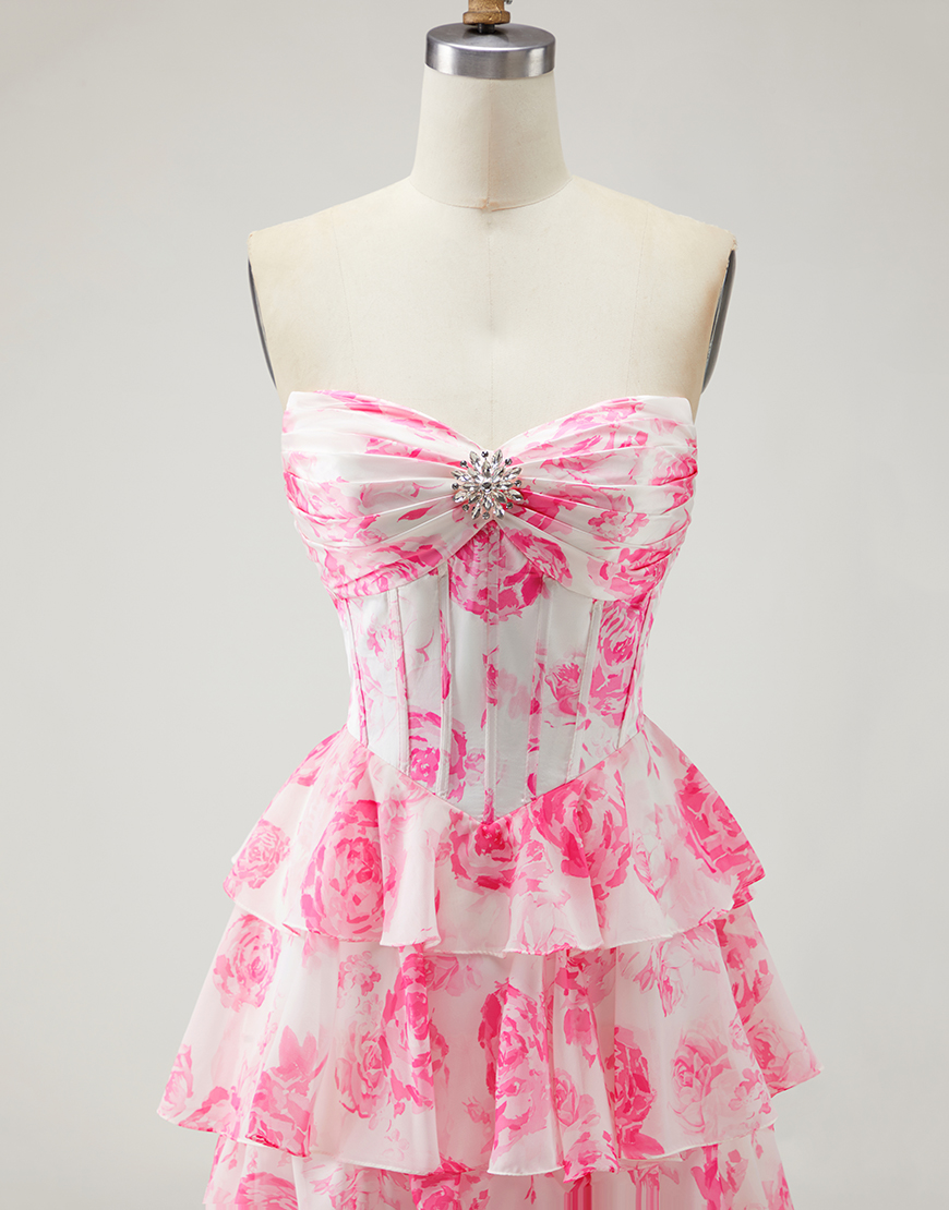 Sparkly White and Pink Flower Tiered Corset Long Prom Dress with Slit