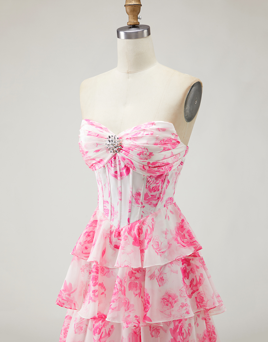 Sparkly White and Pink Flower Tiered Corset Long Prom Dress with Slit