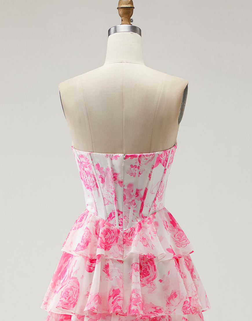 Sparkly White and Pink Flower Tiered Corset Long Prom Dress with Slit