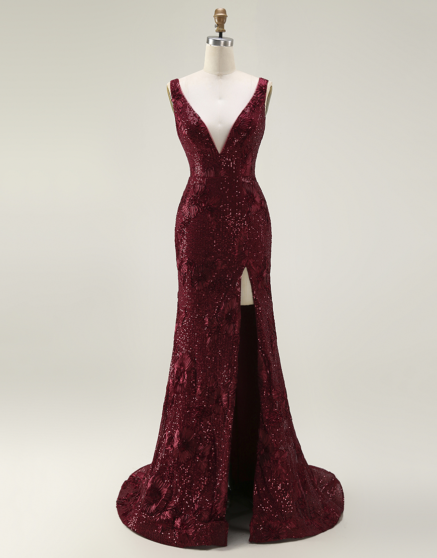 Sparkly Burgundy Mermaid Sequin Long Prom Dress with Slit