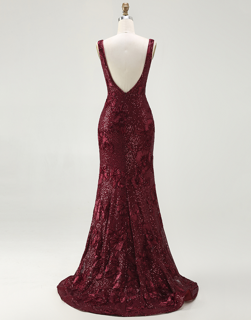 Sparkly Burgundy Mermaid Sequin Long Prom Dress with Slit