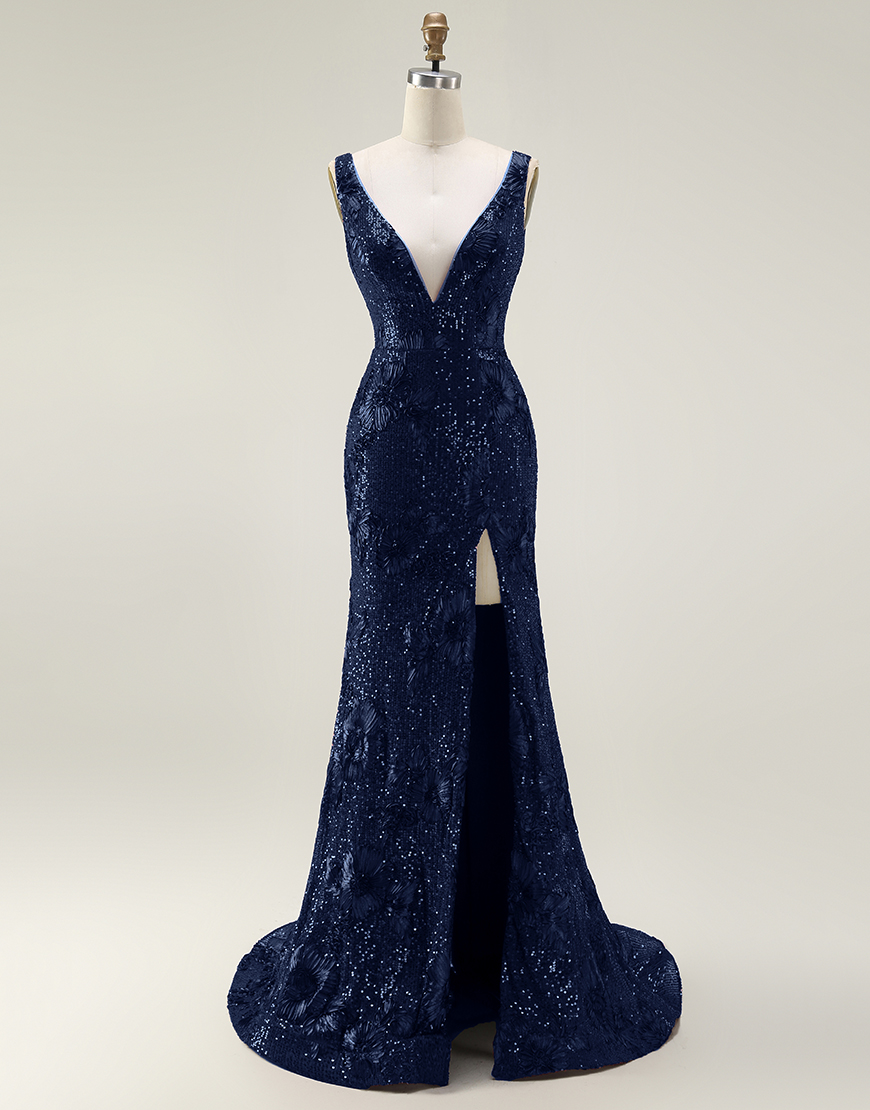 Sparkly Navy Mermaid Long Sequin Prom Dress with Slit