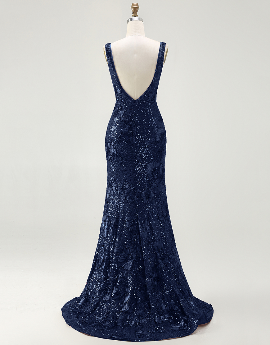 Sparkly Navy Mermaid Long Sequin Prom Dress with Slit