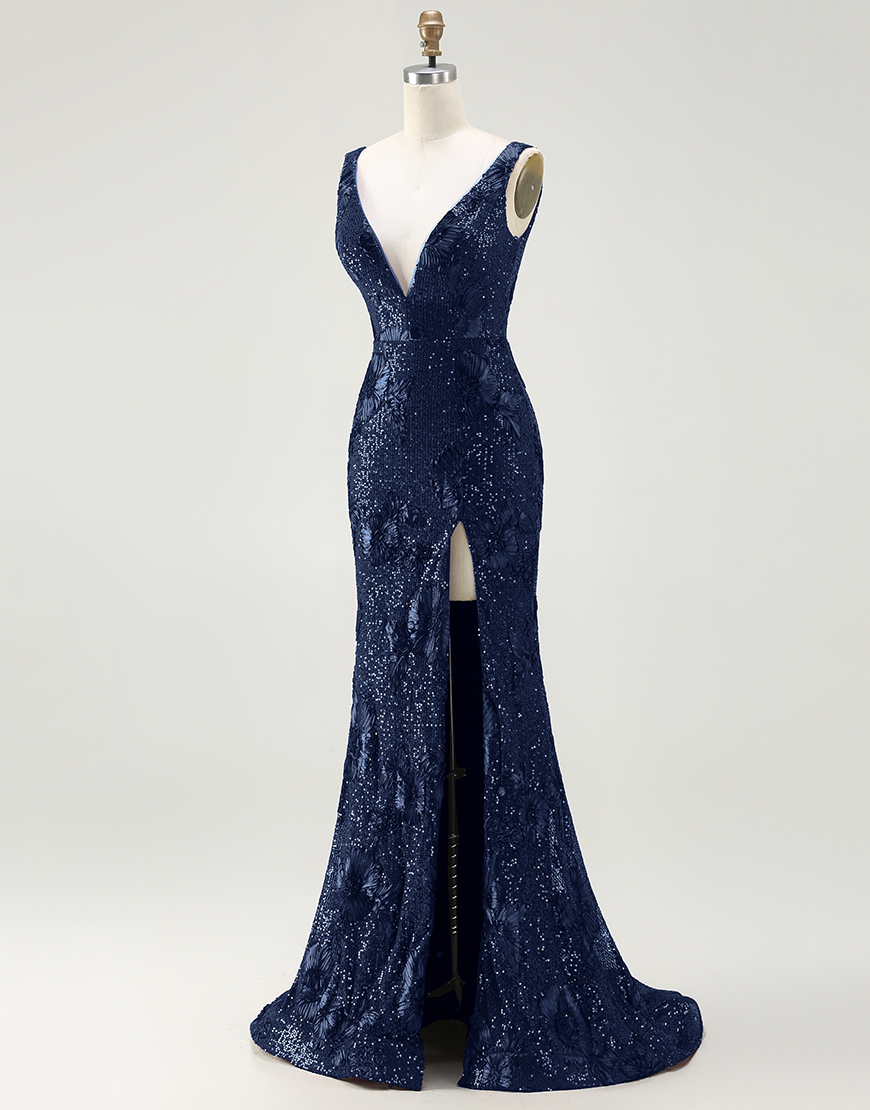 Sparkly Navy Mermaid Long Sequin Prom Dress with Slit
