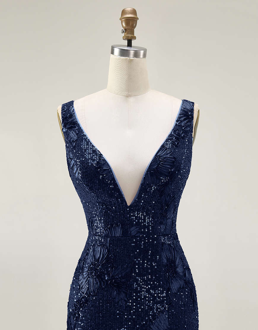 Sparkly Navy Mermaid Long Sequin Prom Dress with Slit