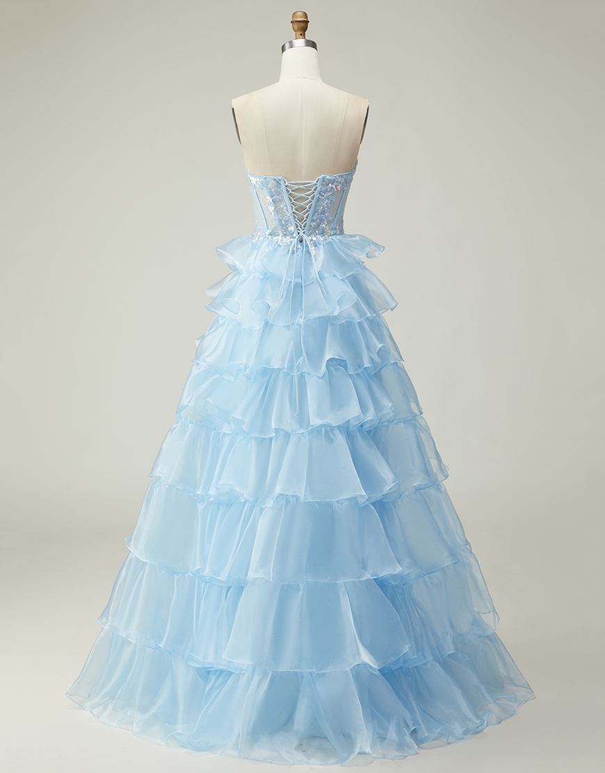 Sparkly Blue Strapless Ruffled Corset Long Prom Dress