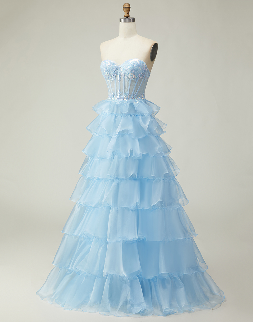 Sparkly Blue Strapless Ruffled Corset Long Prom Dress