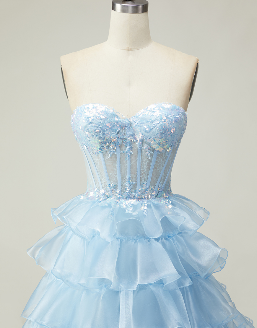 Sparkly Blue Strapless Ruffled Corset Long Prom Dress