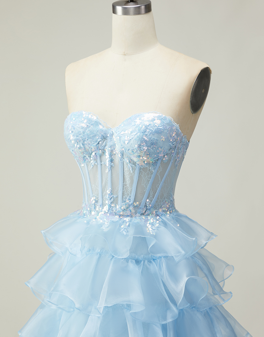 Sparkly Blue Strapless Ruffled Corset Long Prom Dress