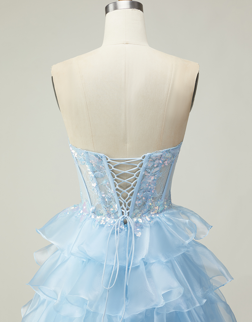 Sparkly Blue Strapless Ruffled Corset Long Prom Dress